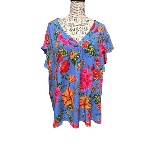 JNY Women’s 2X Short Sleeve V neck‎ Colorful Hawaian Vacation Travel Fairy Coast - Picture 1 of 9